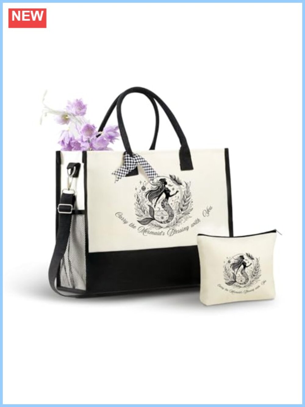 Mermaid Canvas Tote Bag with Makeup Pouch Set Zipper Laptop Bag Women